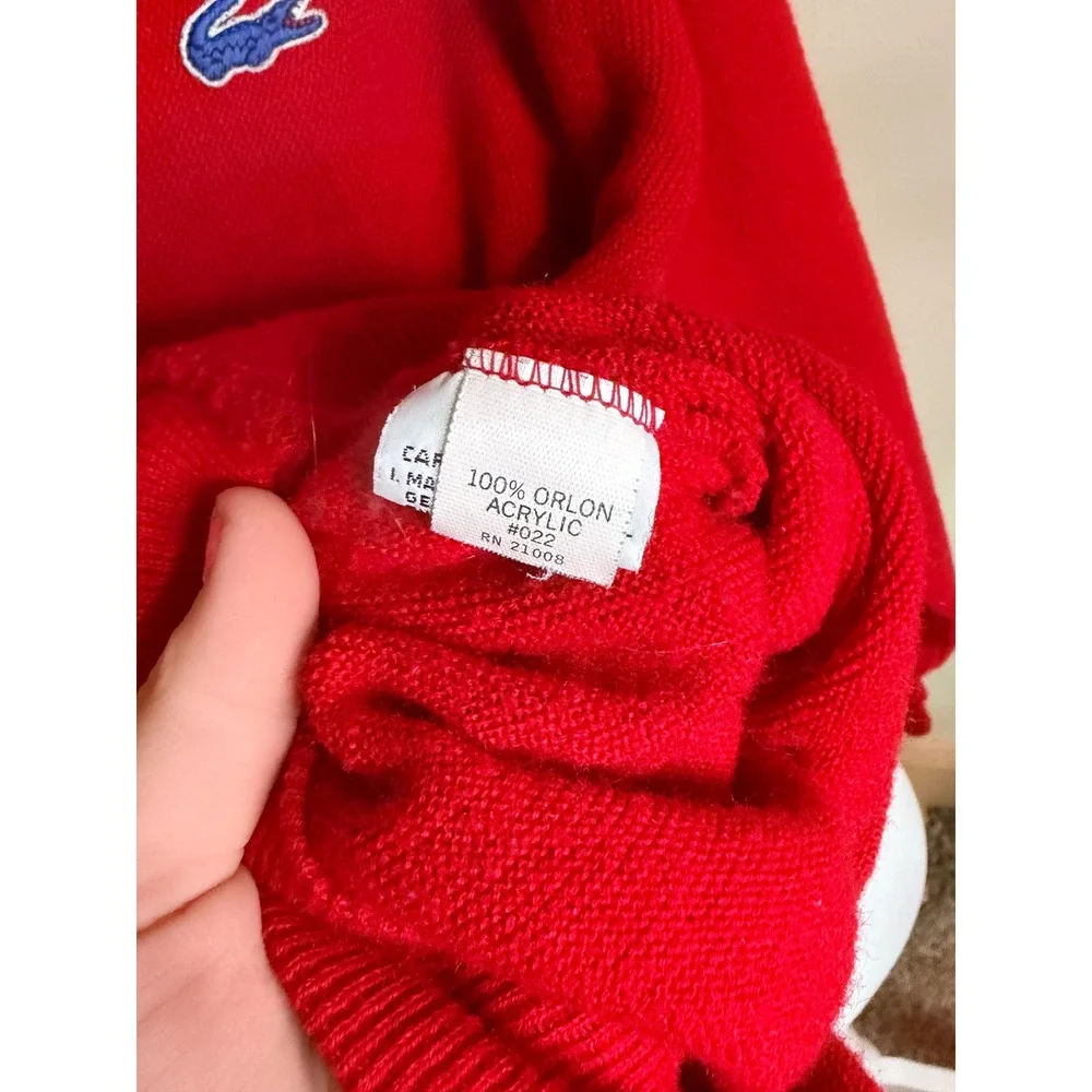Vintage Izod Lacoste Red V-Neck Sweater Mens Large Blue Croc Logo Orlon Acrylic